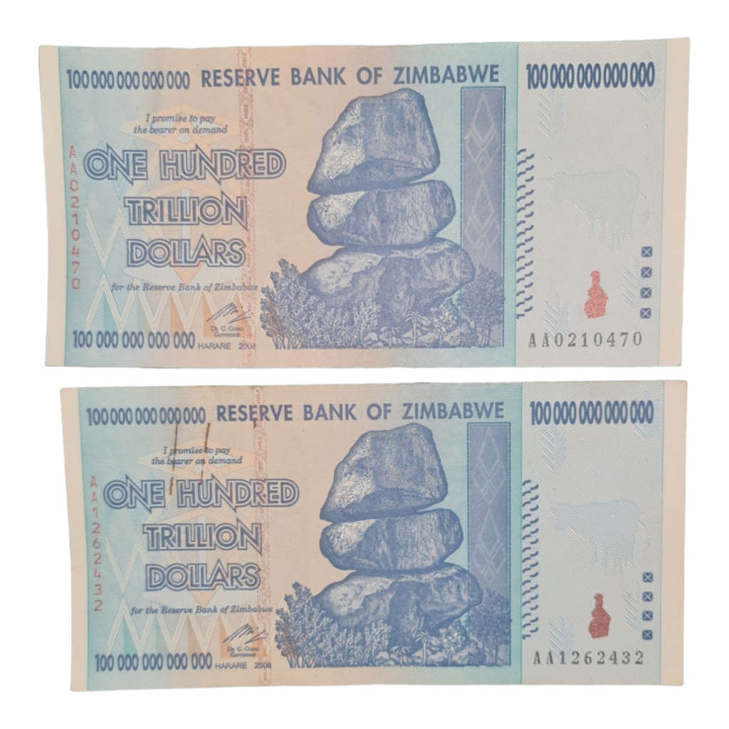 Reserve Bank of Zimbabwe One Hundred Trillion Dollars note 2008 UNC V. RARE